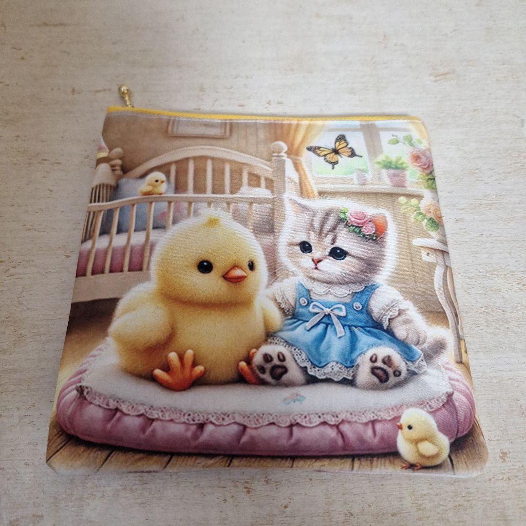 激レアねこパネル生地　ハンドメイド　ミニバック　フラットポーチ