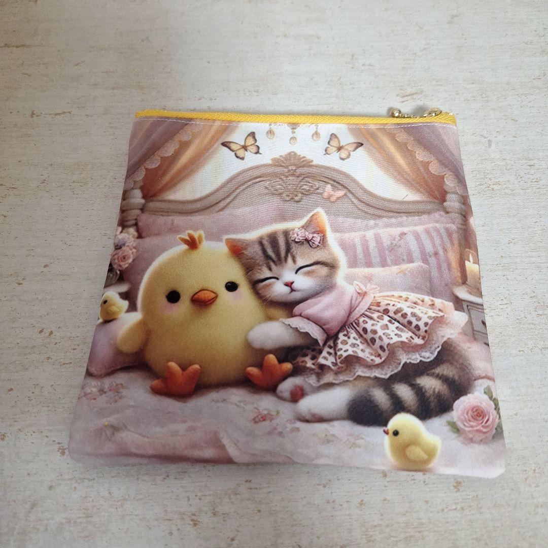 激レアねこパネル生地　ハンドメイド　ミニバック　フラットポーチ