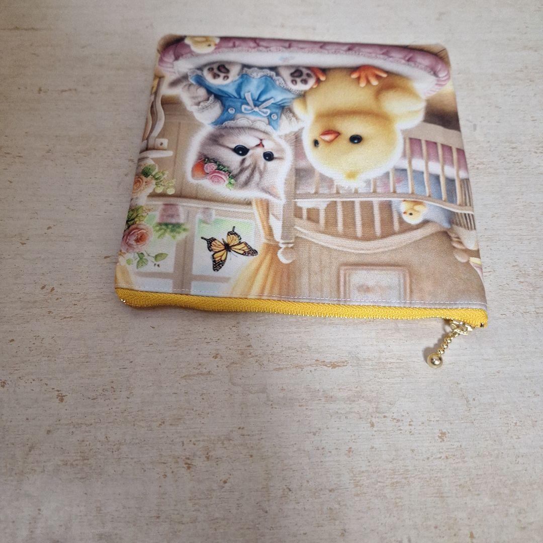 激レアねこパネル生地　ハンドメイド　ミニバック　フラットポーチ