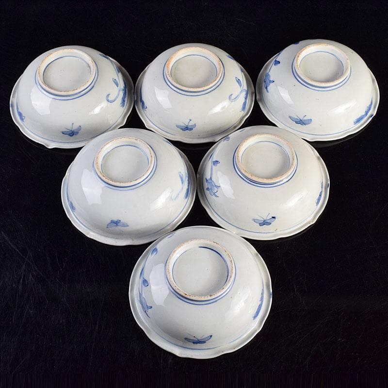 瀬戸焼　古瀬戸　染付　花蝶文　饂飩皿　六客　時代箱付　C　R9353B