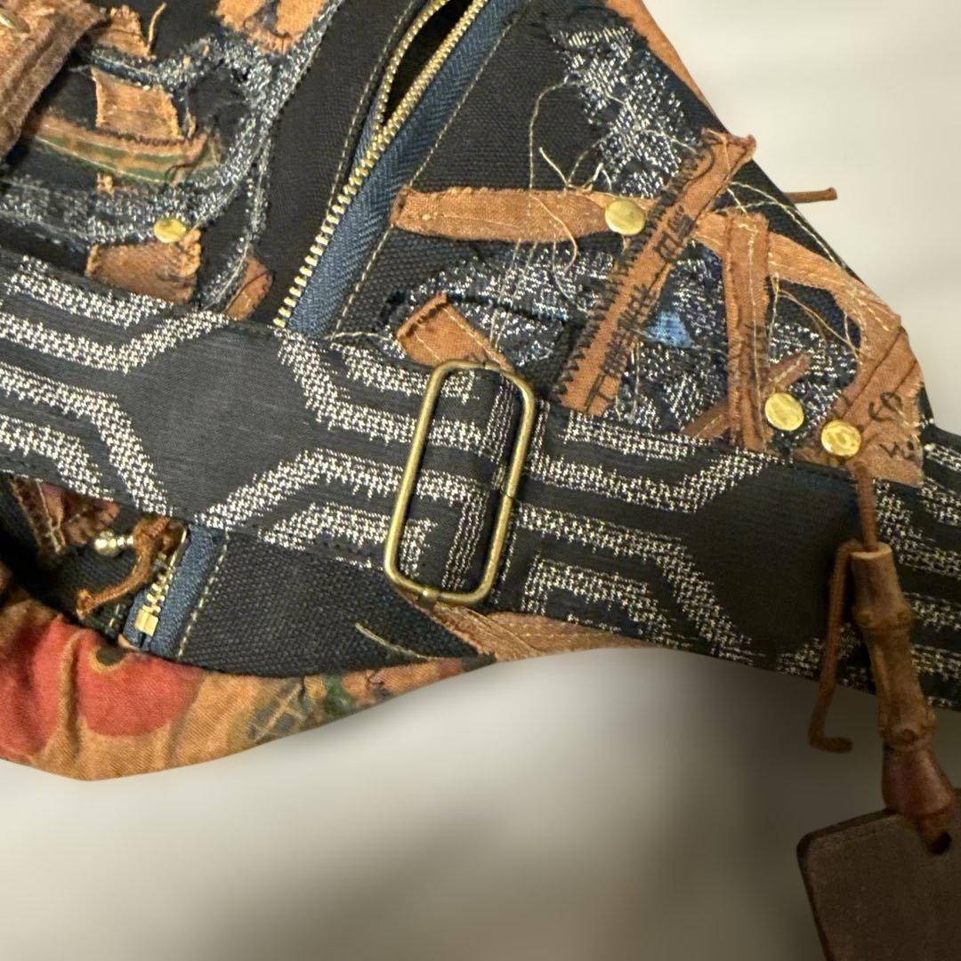 ハンドメイド作品　ショルダーバッグ　縁起物柿渋絣紬古布木札チャーム付き