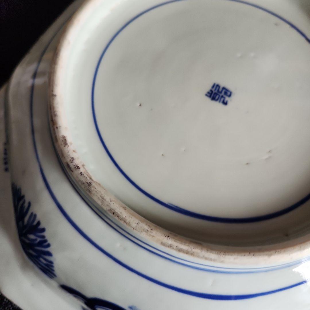 -23/v4　青磁　染付　八角　大鉢　大皿　レトロ