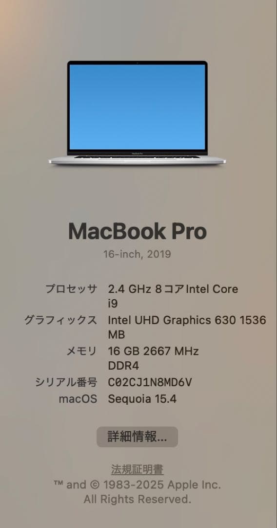 MacBook Pro 2019 /16インチ/ i9 2.4GHz 16GB