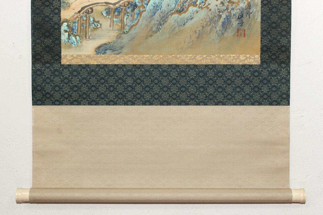No5606掛軸　巣雲文景　山水人物図　絹本着色　日本画　古画　古美術　送料無料