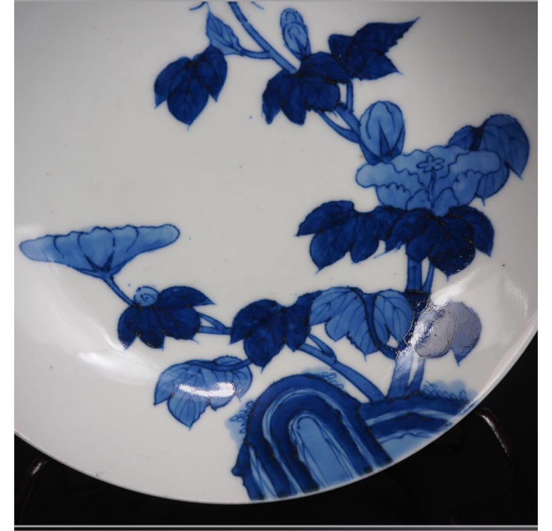 送料無料　江戸時代　鍋島焼　染付牡丹文皿　櫛高台 径20cm