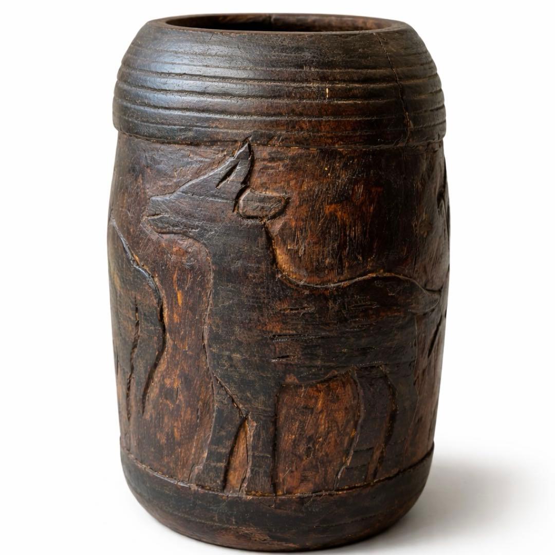 手彫り動物文 木製壺 25cm｜民芸 古木 花器 原木