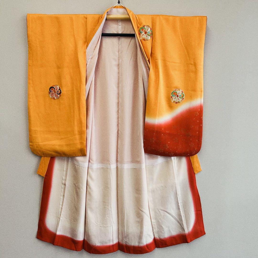 セット　七五三７歳女の子　着物＆帯＆簡単半衿＆小物　豪華刺繍　みかん色金銀刺繍桜