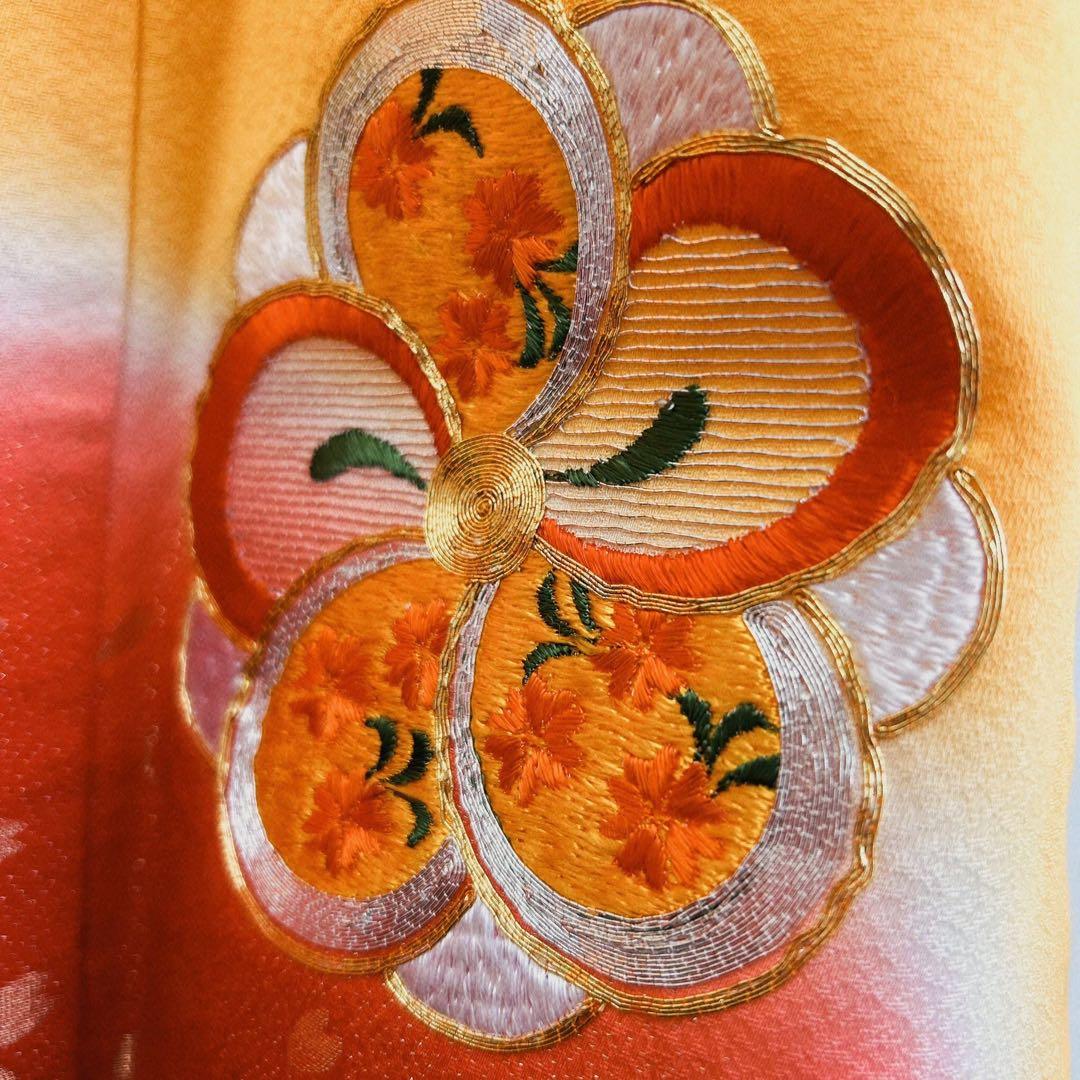 セット　七五三７歳女の子　着物＆帯＆簡単半衿＆小物　豪華刺繍　みかん色金銀刺繍桜