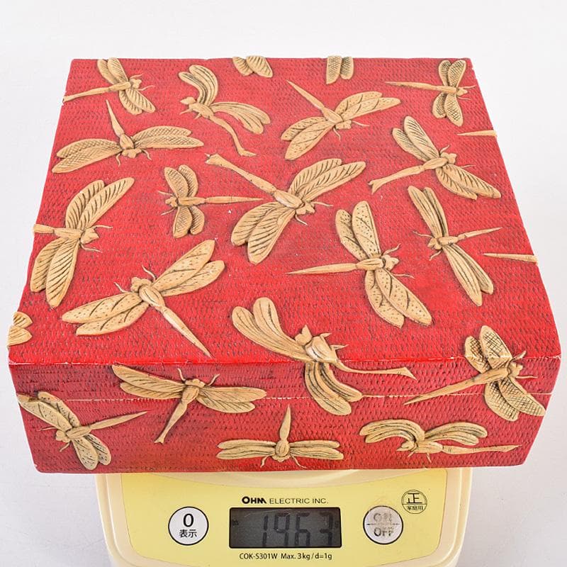 中国　彩色玉石彫刻　蜻蛉彫　四方箱　D　R8492