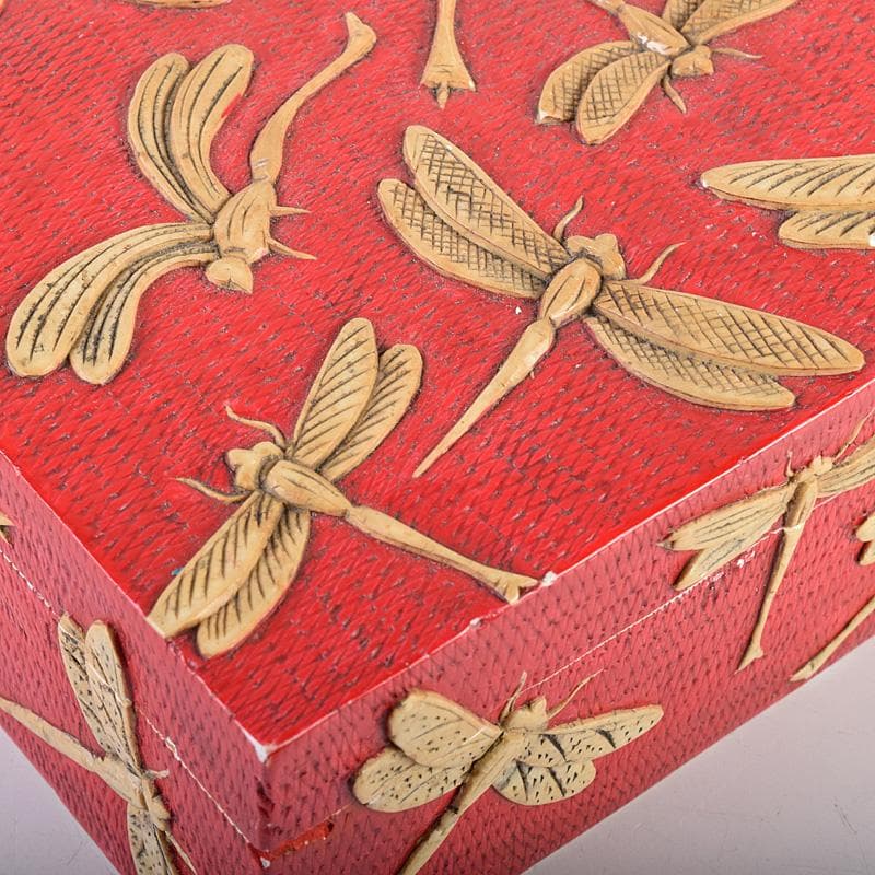 中国　彩色玉石彫刻　蜻蛉彫　四方箱　D　R8492