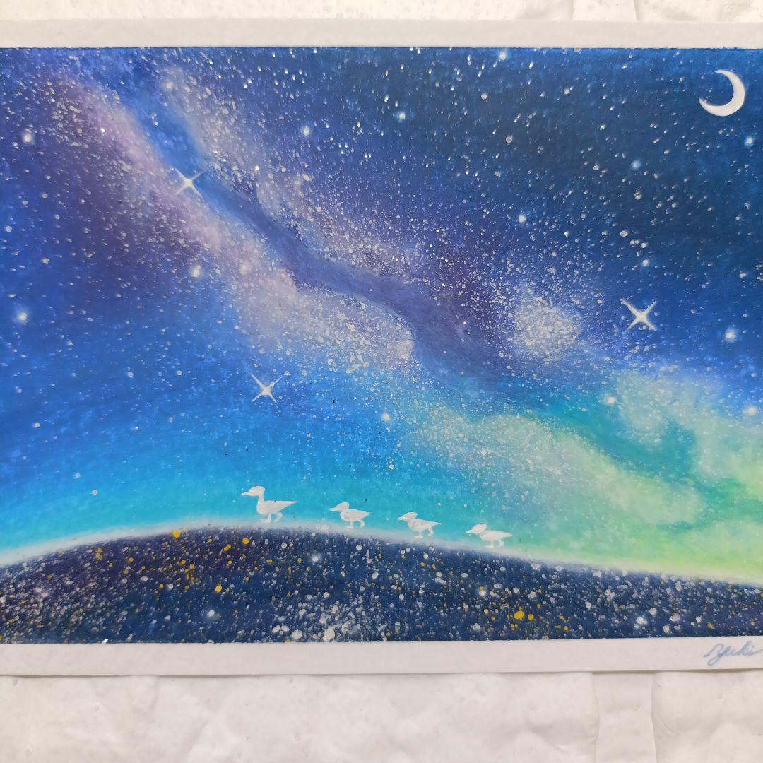 カルガモ親子と天の川　風景画　オイルパステル画原画 ハガキサイズ 絵画 #130