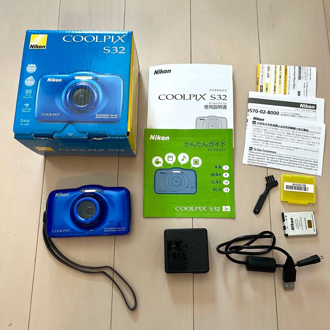 【防水・美品・動作確認済】Nikon COOLPIX S32 青 防水・耐衝撃