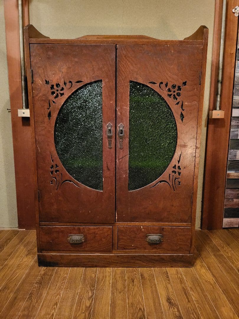 緑 ダイヤガラス　透かし彫り　本棚　本箱　キャビネット　大正ロマン　アンティーク