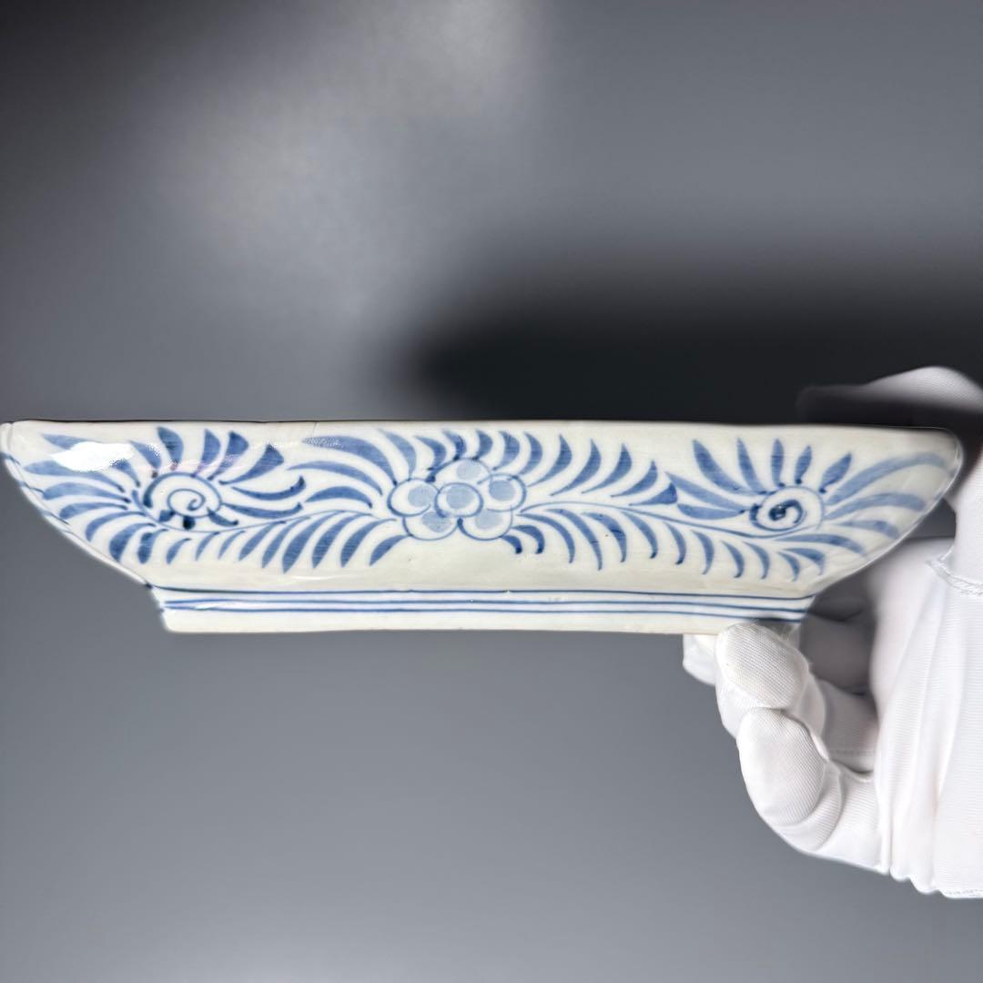 江戸後期　古伊万里　赤絵唐草文長皿　五客　 太明年製銘　松竹梅文　上手物　色絵