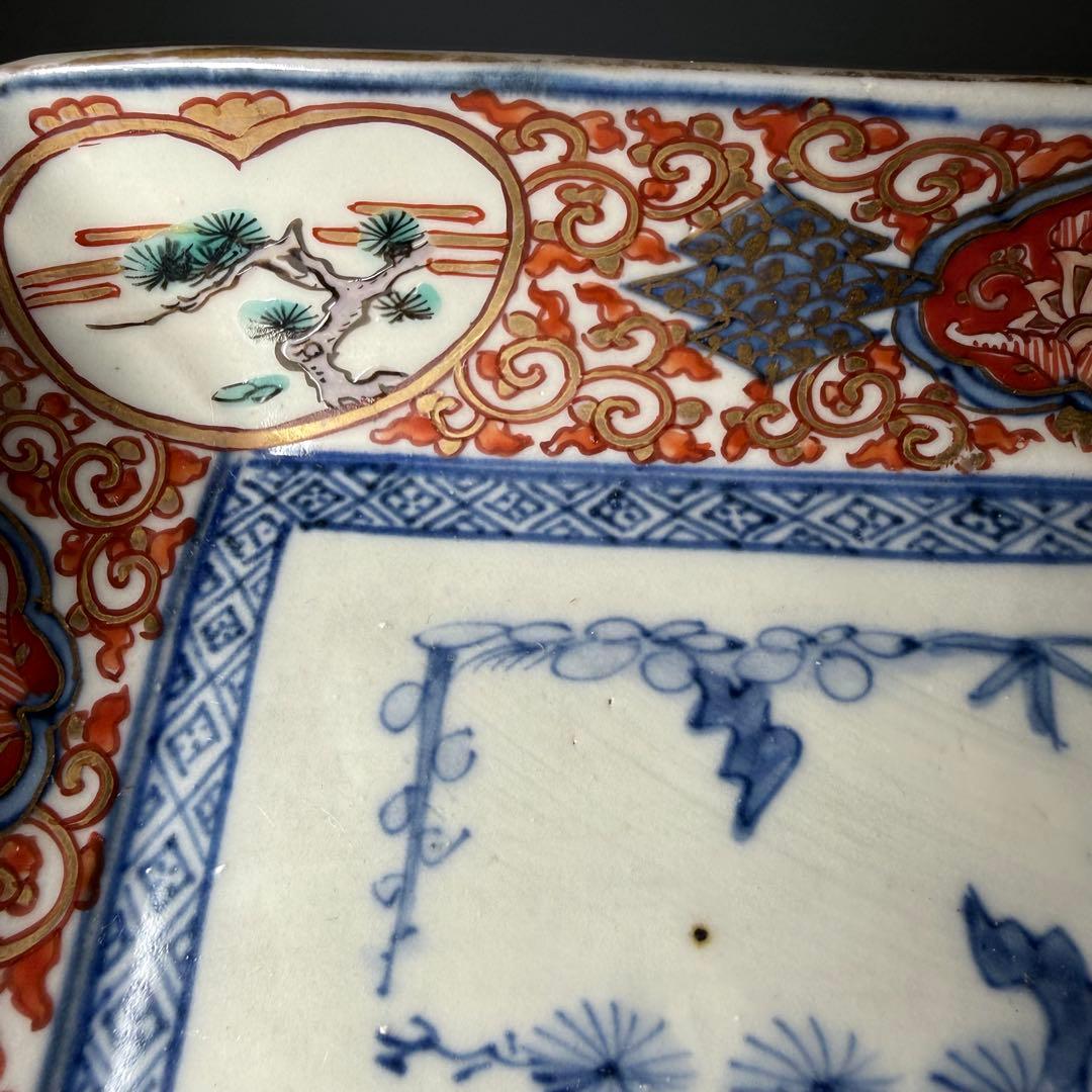 江戸後期　古伊万里　赤絵唐草文長皿　五客　 太明年製銘　松竹梅文　上手物　色絵