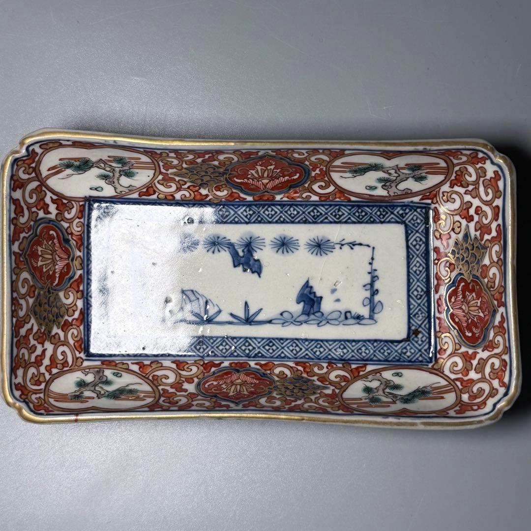 江戸後期　古伊万里　赤絵唐草文長皿　五客　 太明年製銘　松竹梅文　上手物　色絵