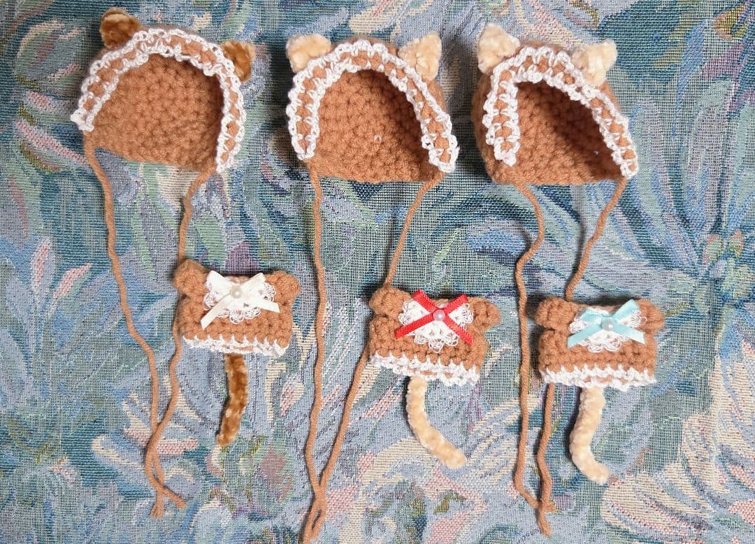 ぬい服 ねこセット ねこみみ付きボンネット＋しっぽ付きワンピース