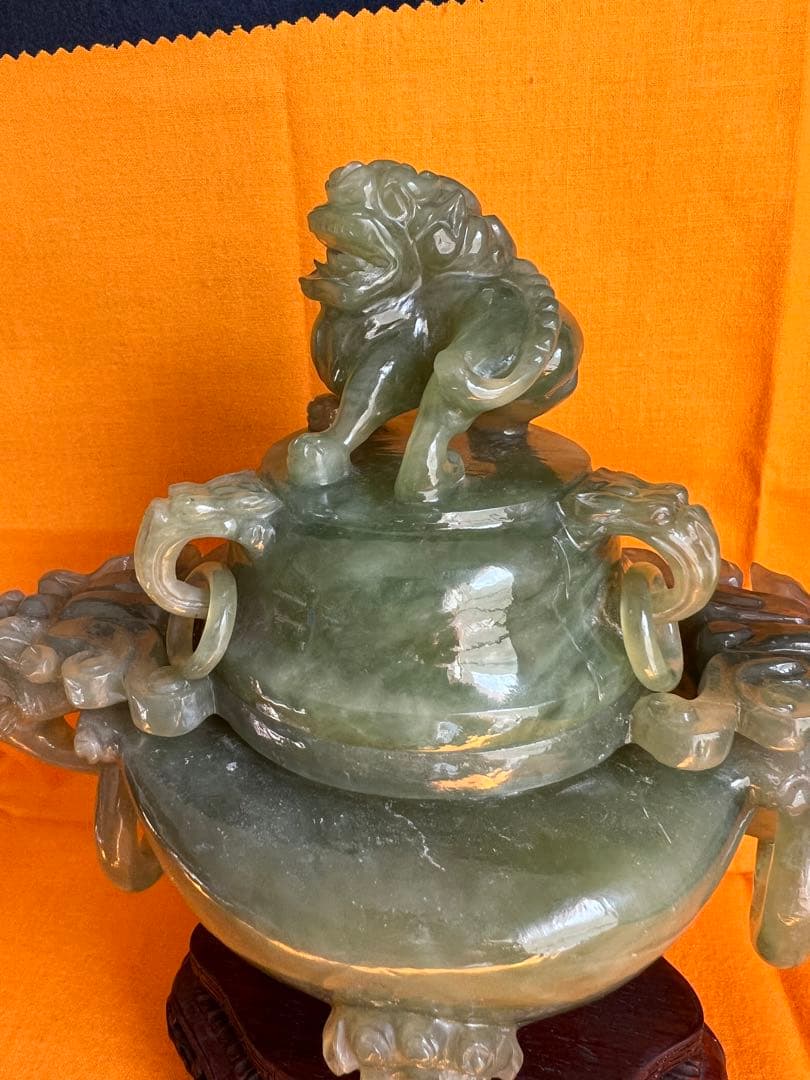 天然石 香爐 仏具 仏教美術 玉石唐獅子 龍頭耳環香炉 香道