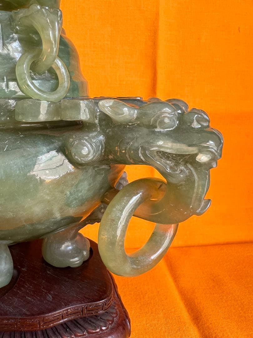 天然石 香爐 仏具 仏教美術 玉石唐獅子 龍頭耳環香炉 香道