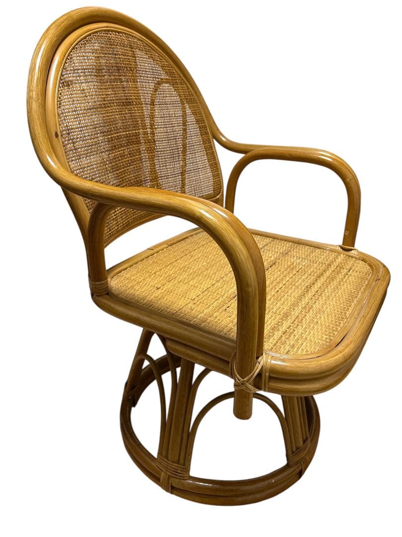 【レトロ】ラタン 回転座椅子 籐製 アームチェア 360度回転 ヴィンテージ