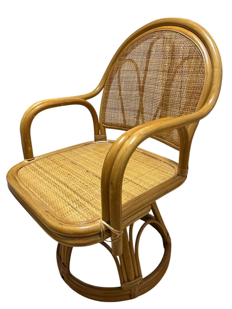 【レトロ】ラタン 回転座椅子 籐製 アームチェア 360度回転 ヴィンテージ