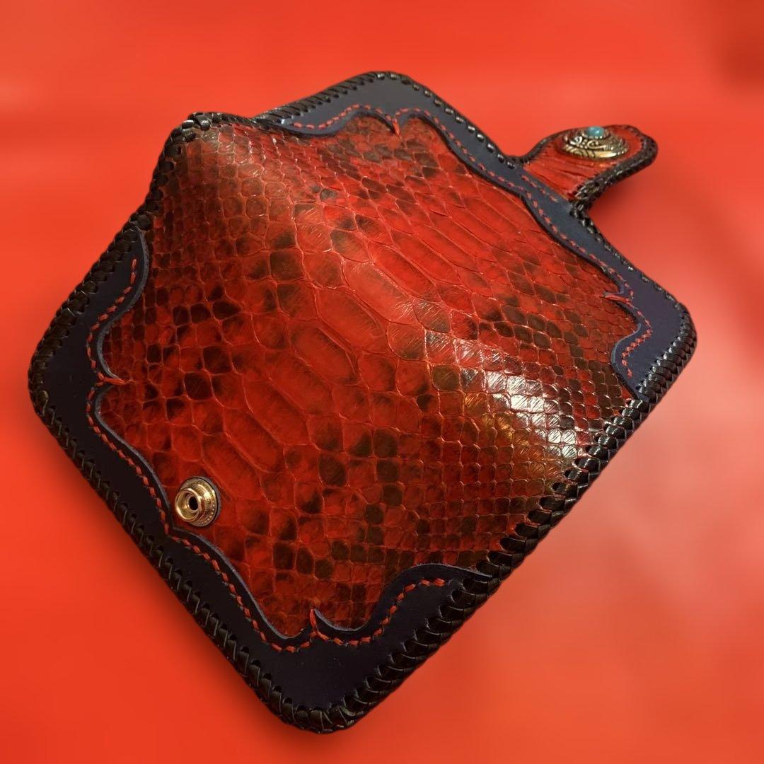 ハンドメイドレザークラフトレッドパイソンミドルウォレット牛革紺色牛レース編み紺色