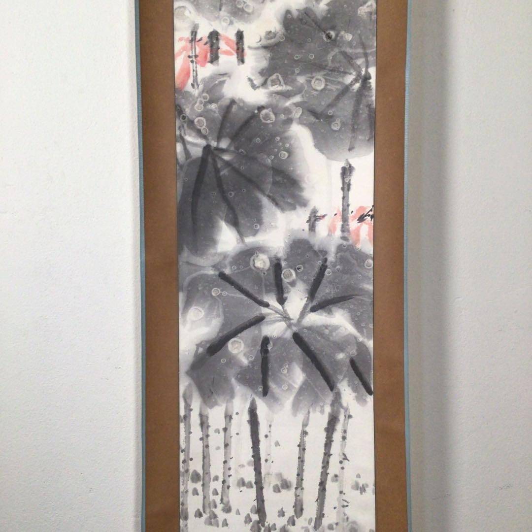No4411 掛軸　雲占　蓮の花　水墨画　肉筆紙本　日本画　古画　絵画　送料無料