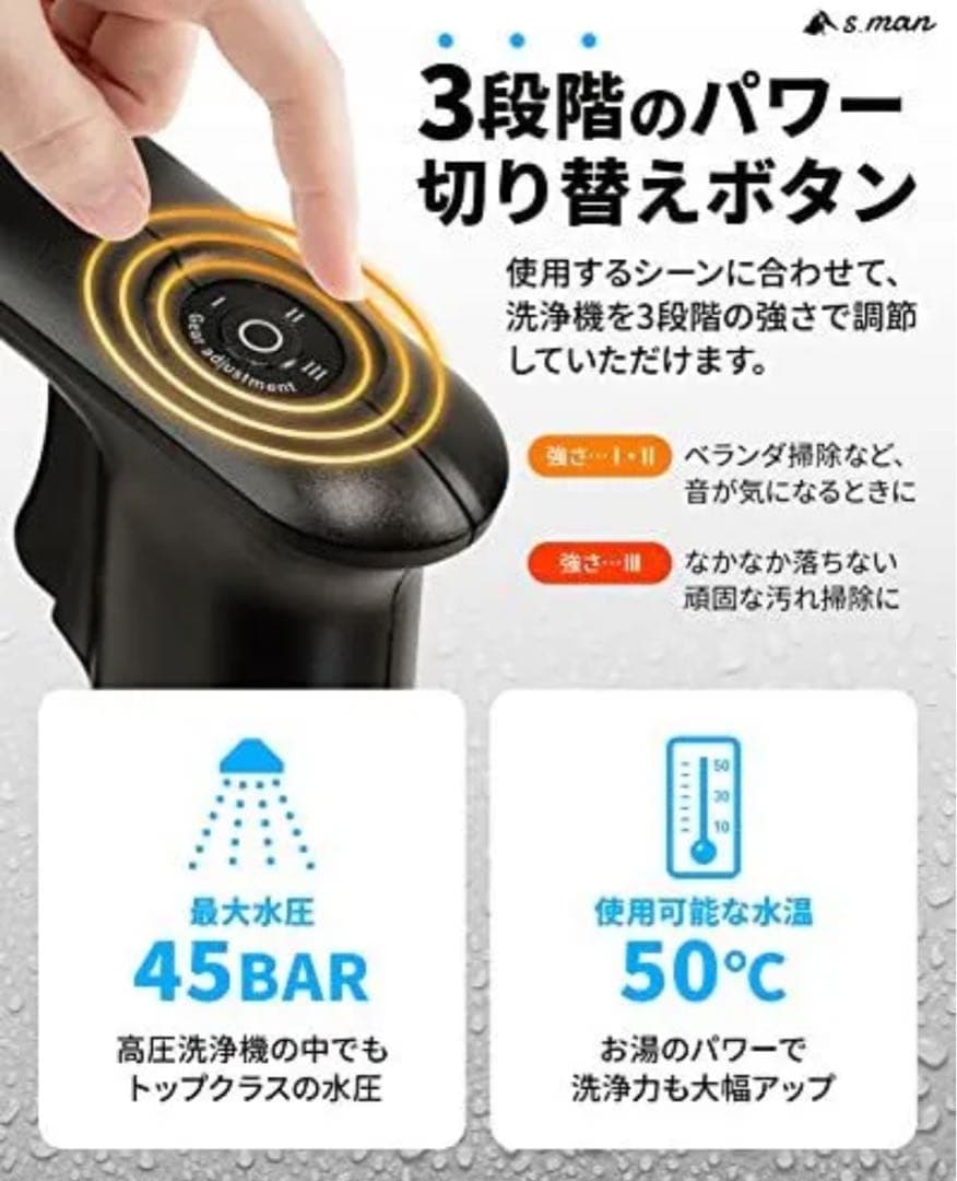 高圧洗浄機 コードレス 充電式 軽量 静音 最長120分連続使用可
