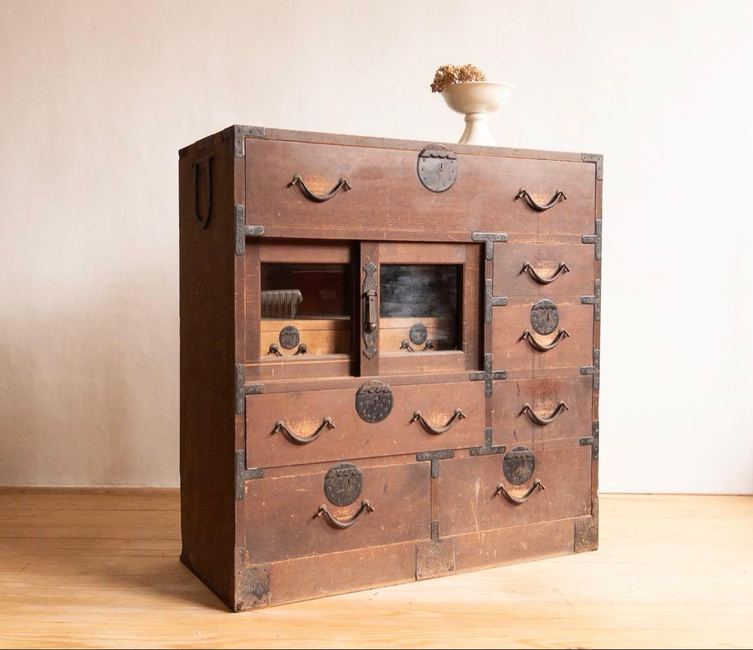 ガラス棚　和箪笥　M065　古道具　古家具　和家具　ビンテージ　アンティーク