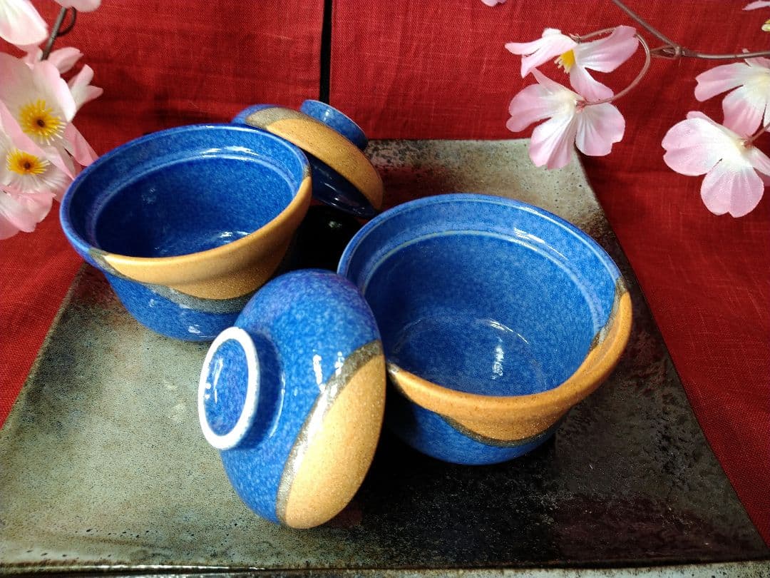 ⬛多目的コバルトブルー青御影風 蓋付皿⬛ウェーブ・黒備前茶刷毛三角皿⬛３組６皿