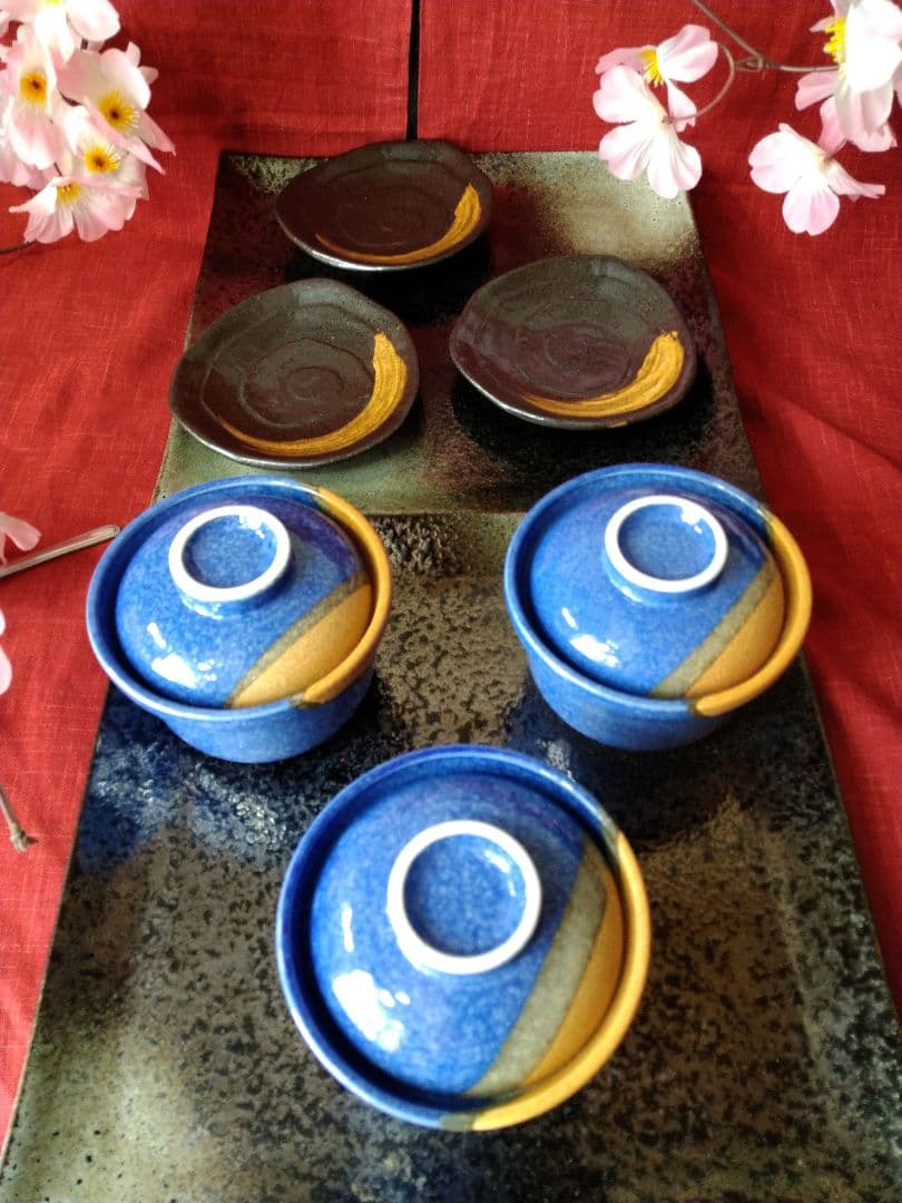 ⬛多目的コバルトブルー青御影風 蓋付皿⬛ウェーブ・黒備前茶刷毛三角皿⬛３組６皿