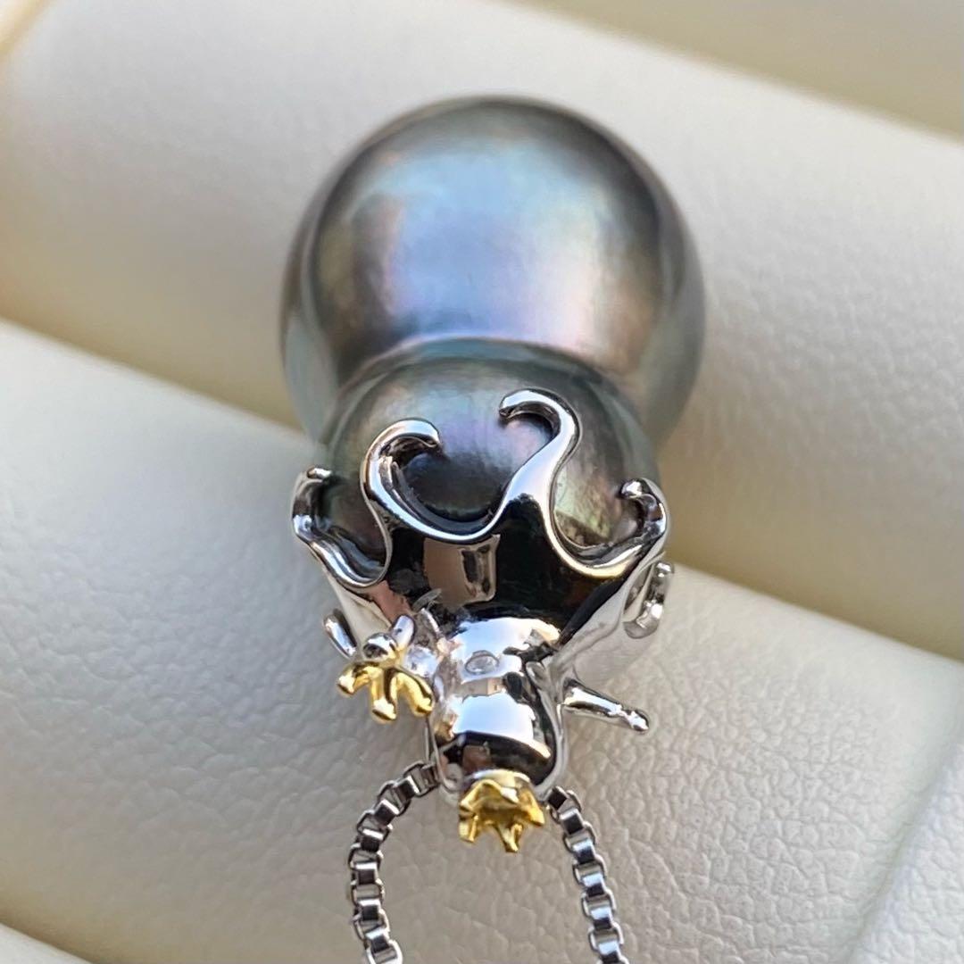 本真珠　南洋黒蝶真珠ネックレストップ　双子21.1*13mmグリーン系PT800