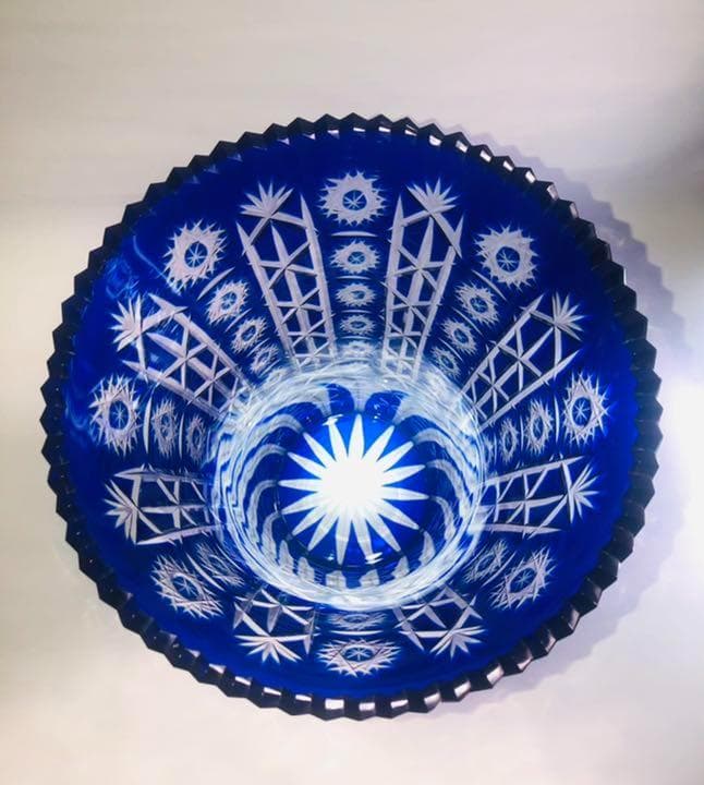 切子 青被せ ガラス 花瓶 カットガラス フラワーベース