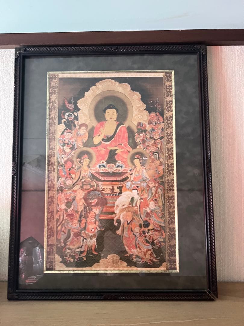 仏教美術 絵画 木製フレーム 約58cm x 45cm