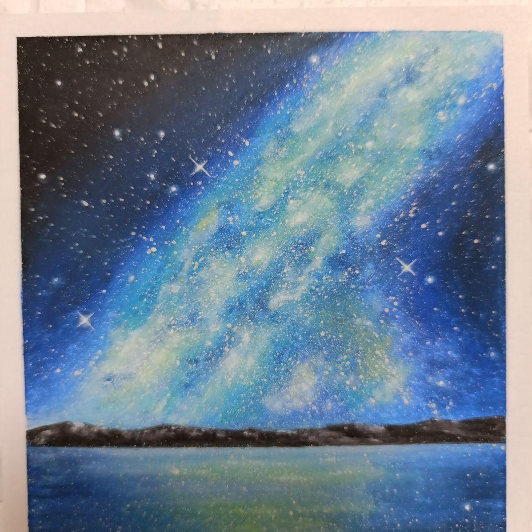 カルガモ親子と星空　風景画　オイルパステル画　原画 ハガキサイズ 絵画 #132