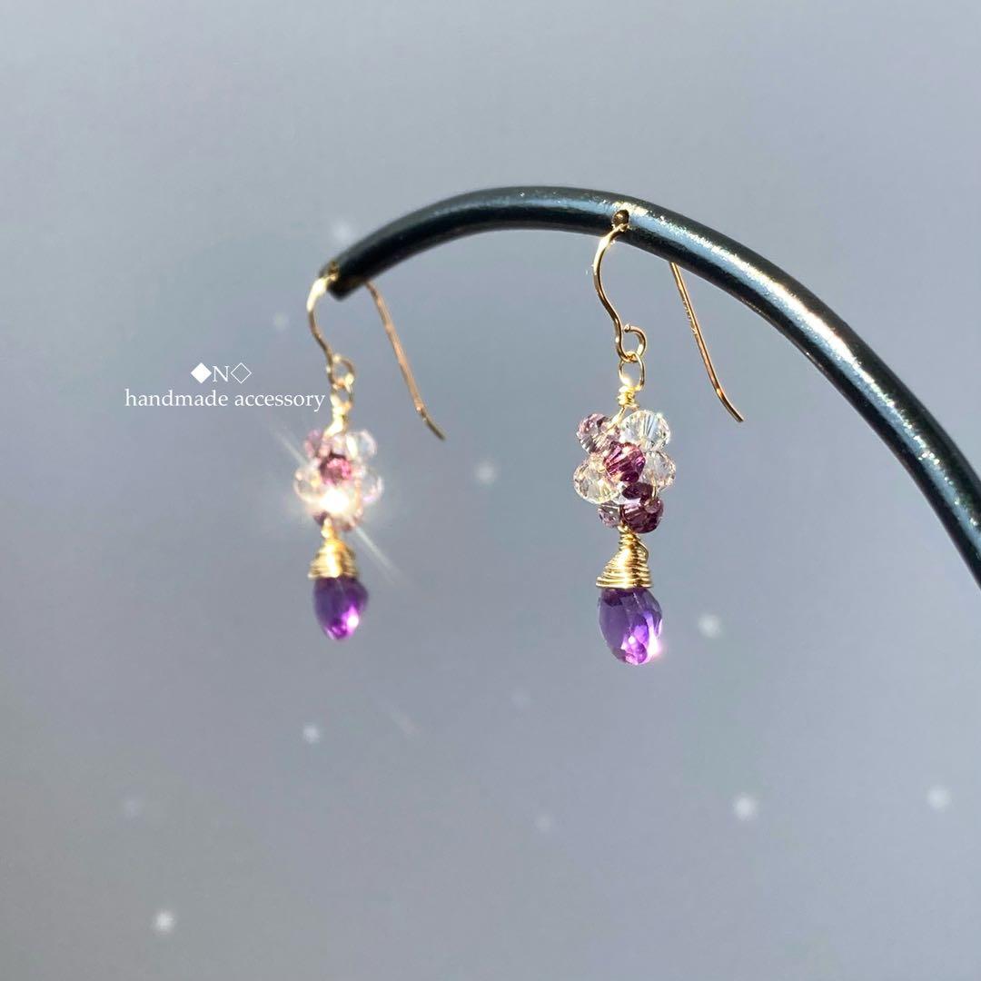 14kgf 宝石質アメジストのピアス スワロフスキー・クリスタルの煌めき