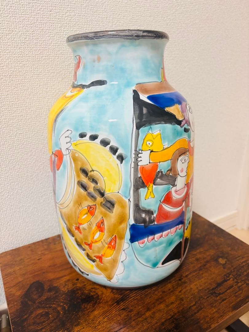 手描き絵付け 大型花瓶 陶器 花器 高さ34cm アートピース 箱付き 未使用