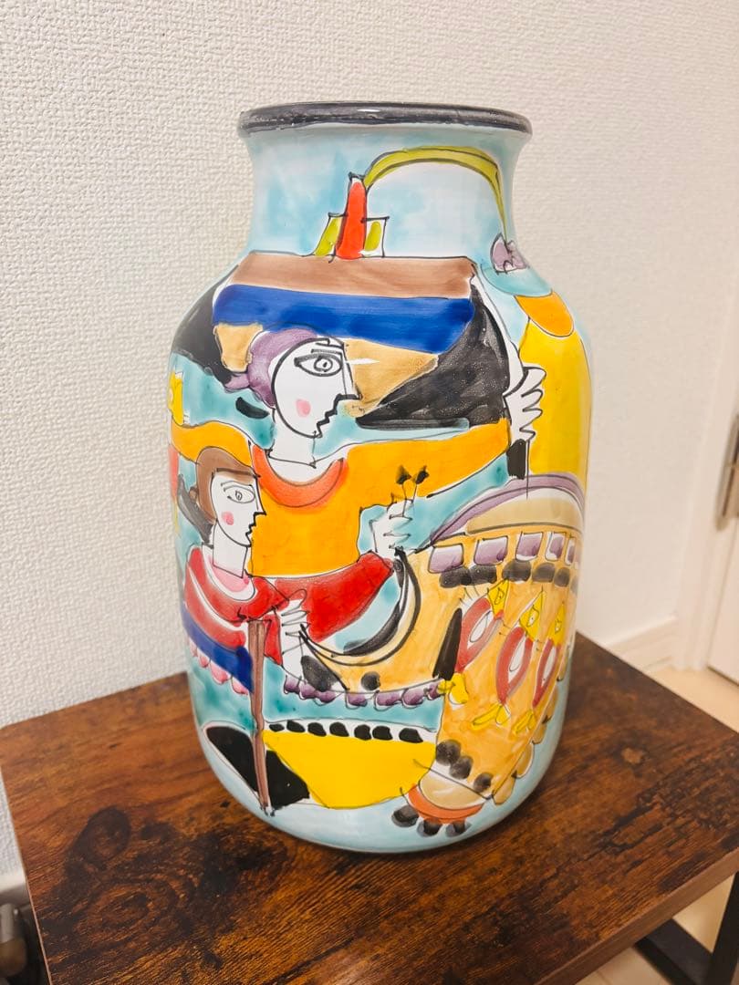 手描き絵付け 大型花瓶 陶器 花器 高さ34cm アートピース 箱付き 未使用