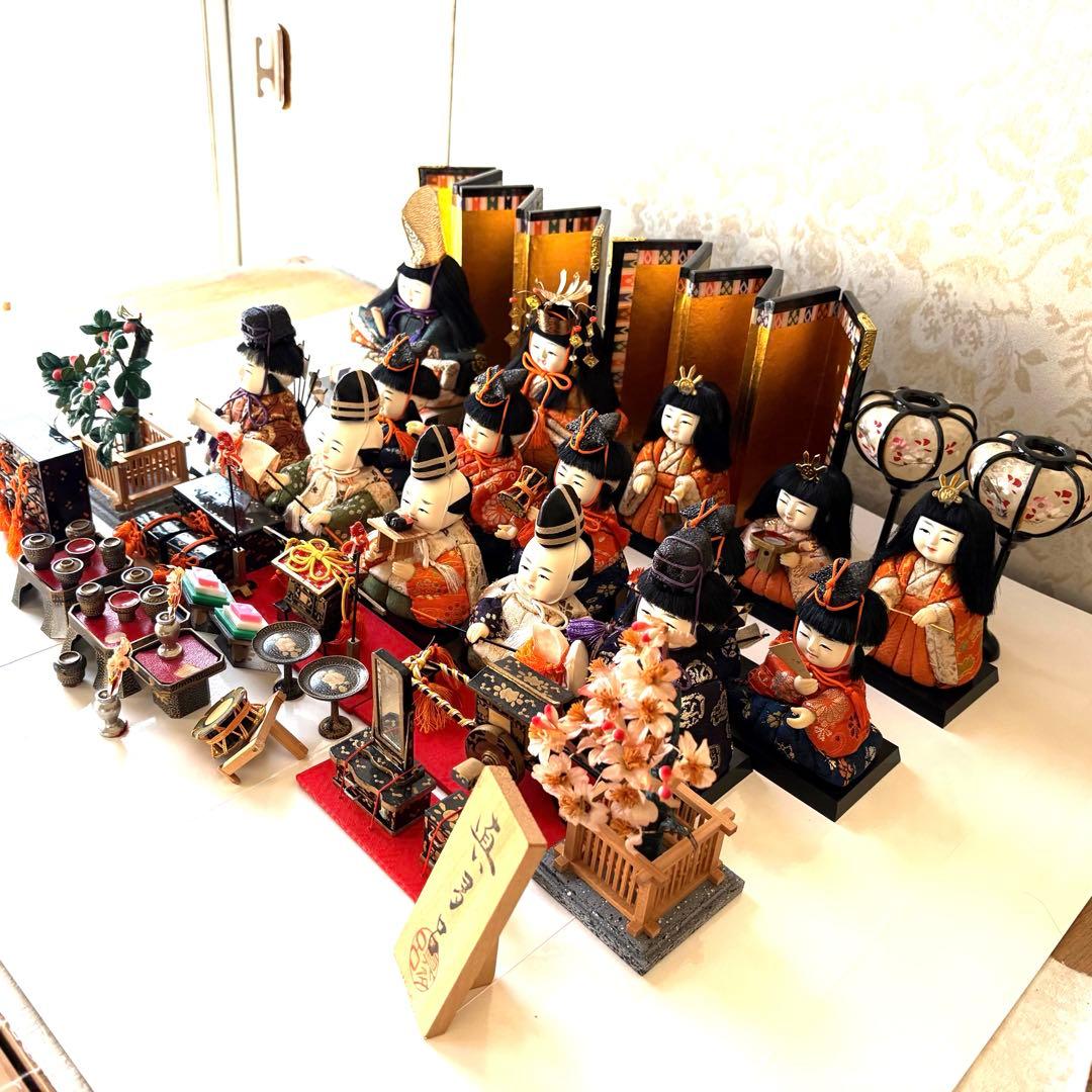木目込み雛人形15人揃い／昭和42年頃購入／箱付／小道具有／コンパクト／真多呂風