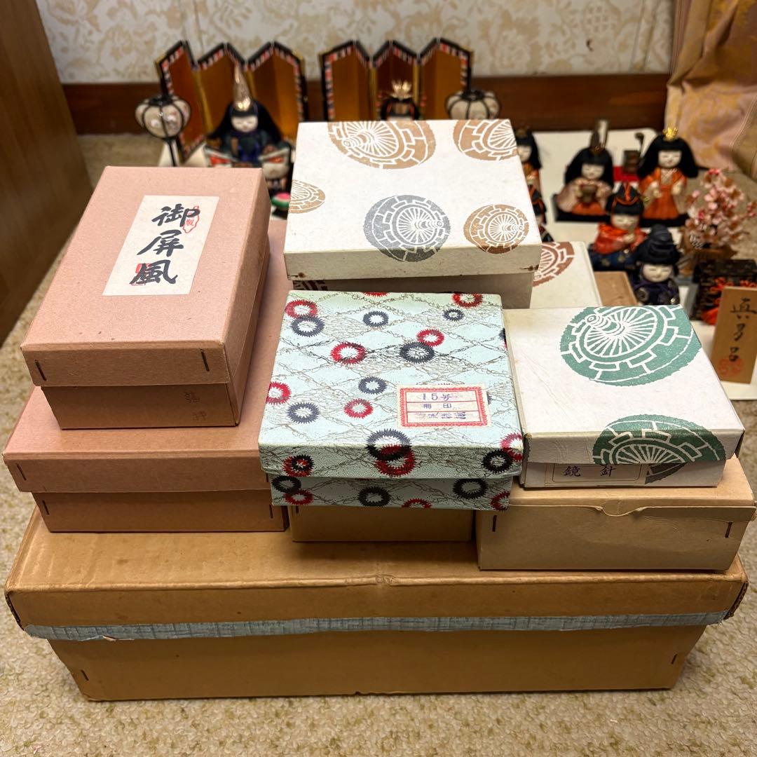 木目込み雛人形15人揃い／昭和42年頃購入／箱付／小道具有／コンパクト／真多呂風