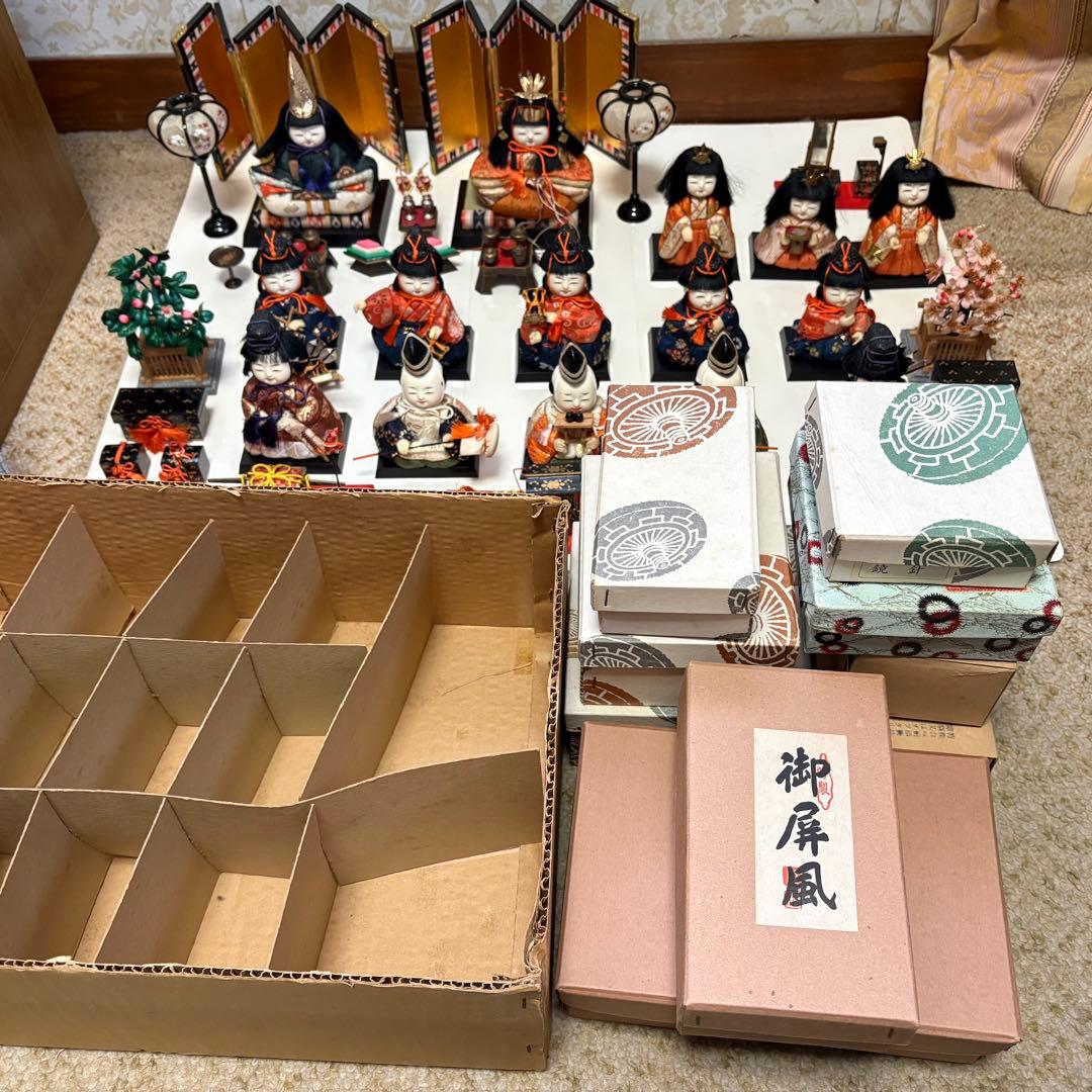 木目込み雛人形15人揃い／昭和42年頃購入／箱付／小道具有／コンパクト／真多呂風