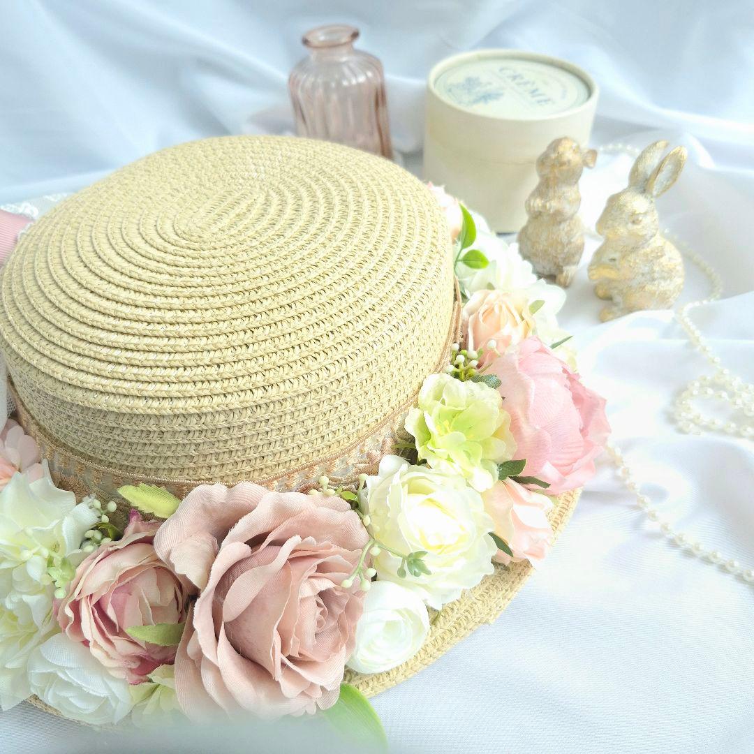 麦わら帽子のガーリー花飾り_antique girly