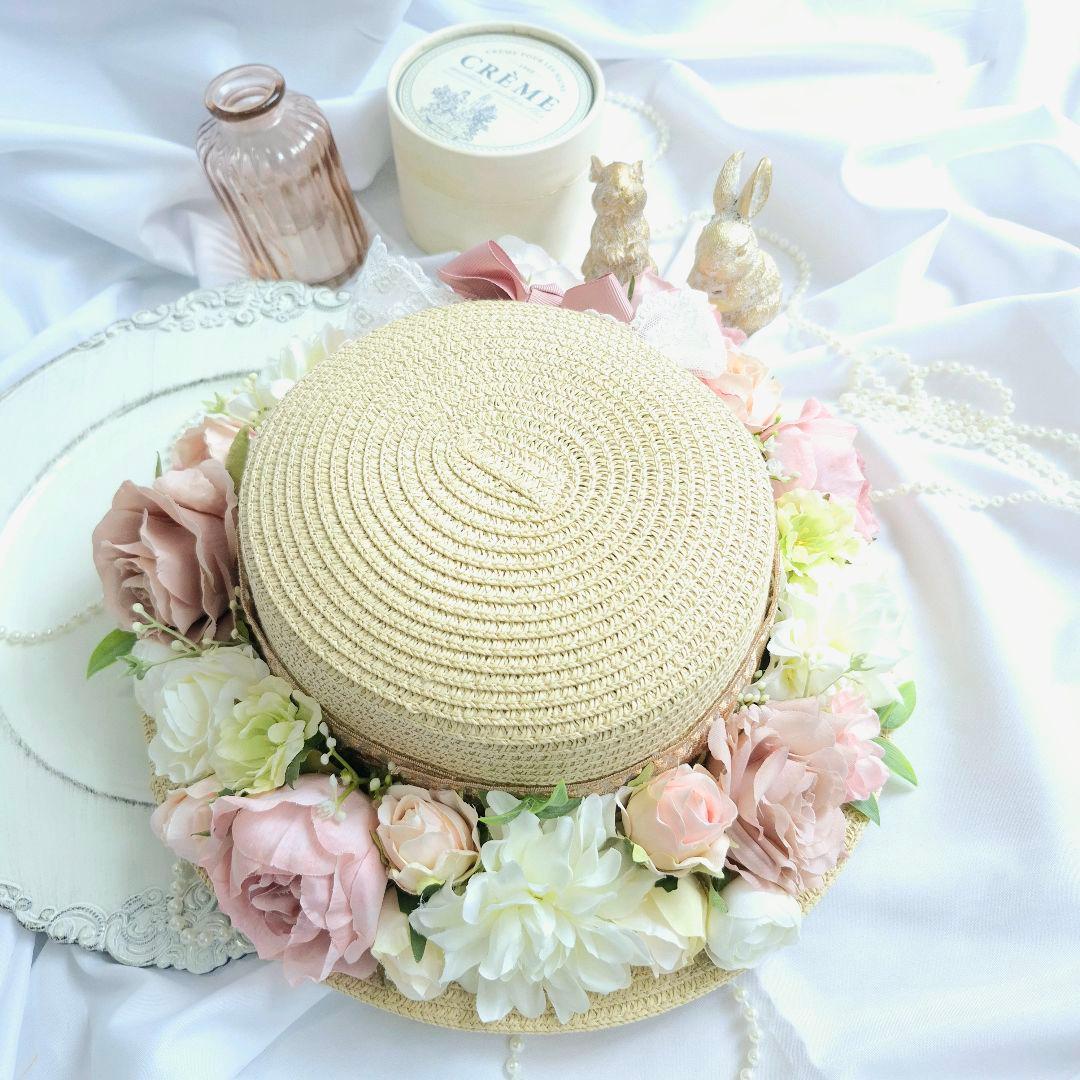 麦わら帽子のガーリー花飾り_antique girly