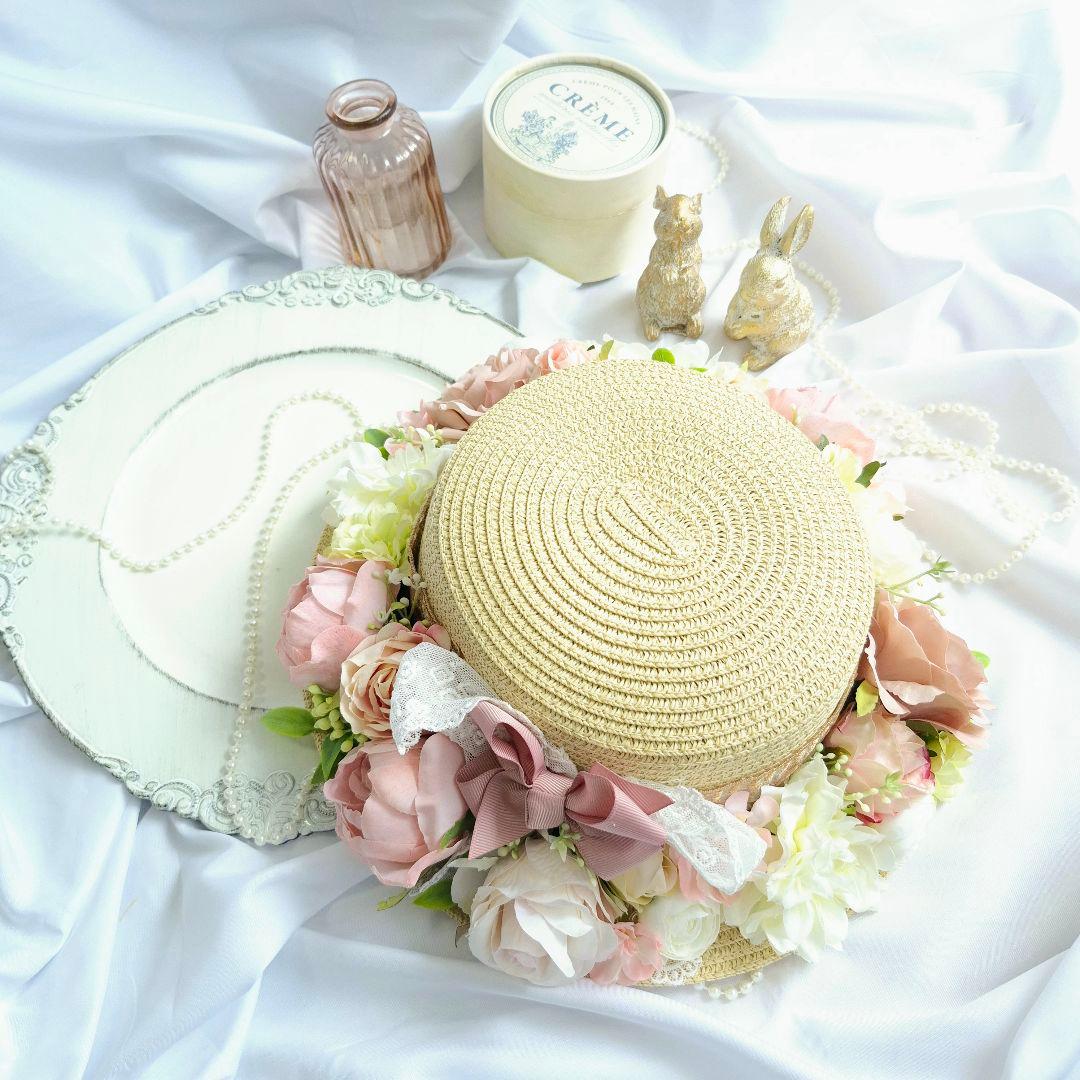 麦わら帽子のガーリー花飾り_antique girly