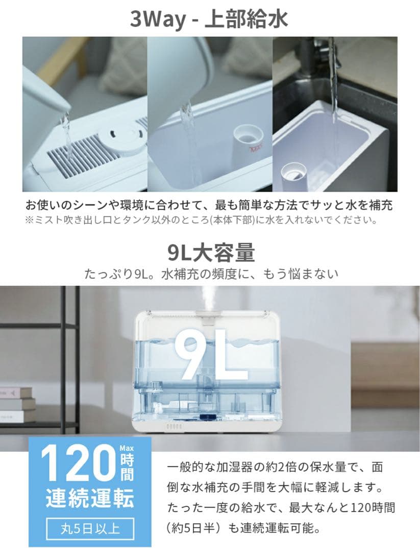 2025最新 加湿器 ハイブリッド式 9L大容量 AI加湿 多重除菌 空気清浄機
