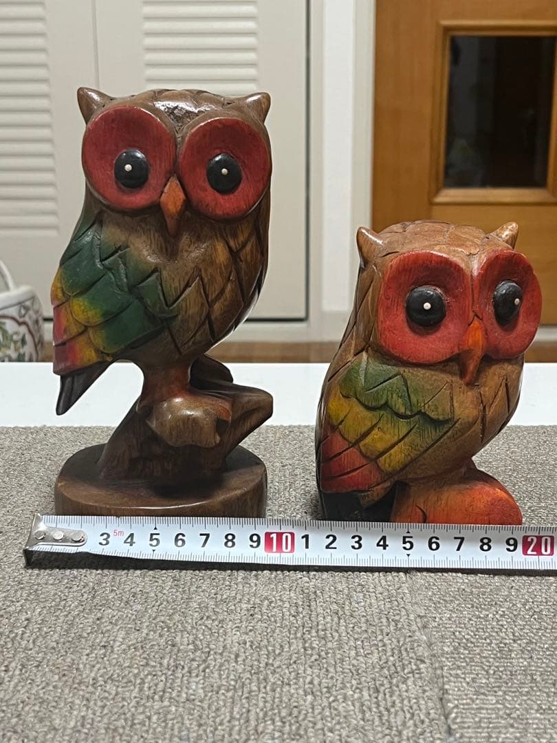 木彫 木乗りフクロウ 梟 可愛いふくろう オブジェ 置物 飾り 縁起物2点セット