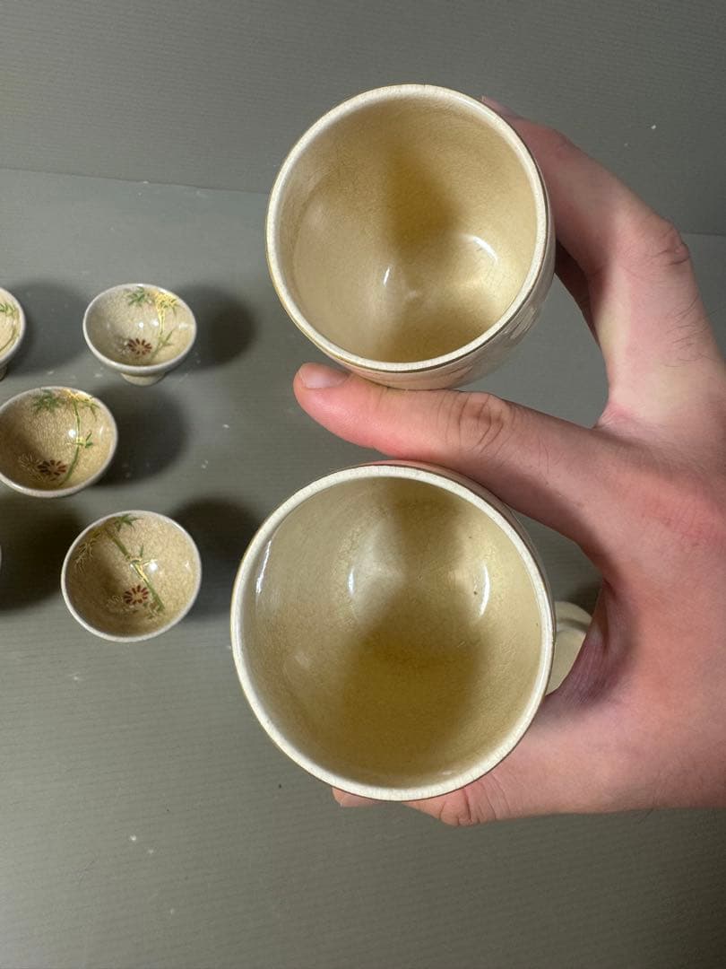 2523 薩摩焼　竹菊文　茶器セット　急須1客　猪口5客　湯呑蓋付2客