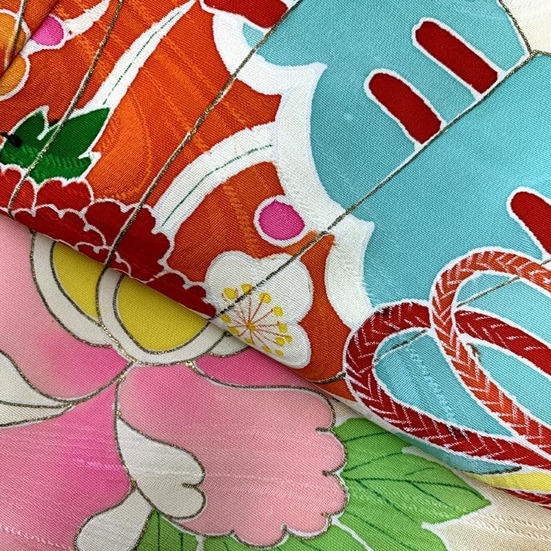 508ag93□七五三 七歳 女児 着物&袋帯&長襦袢 金彩 扇 短冊□美品