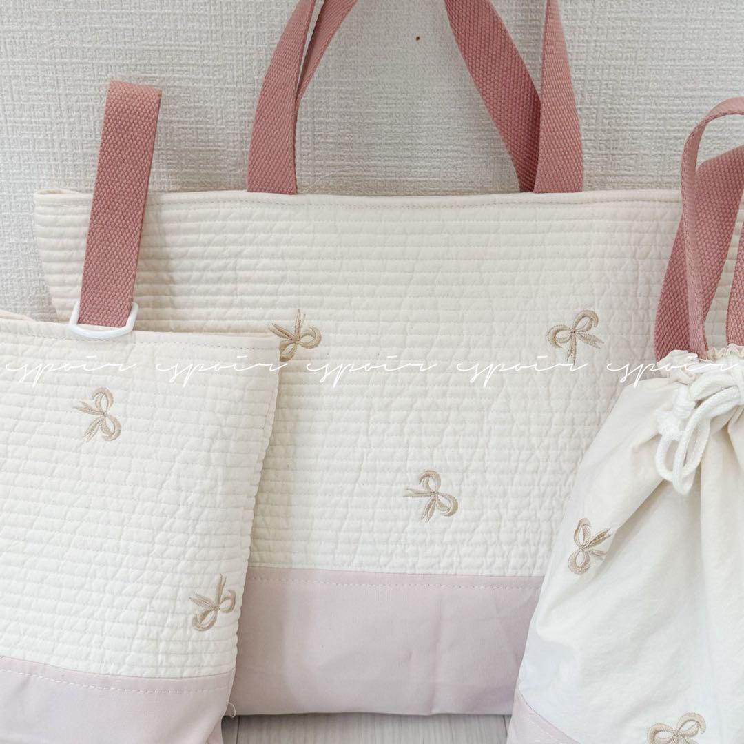 【送料無料】入園入学3点セット(リボン刺繍柄ベージュ)