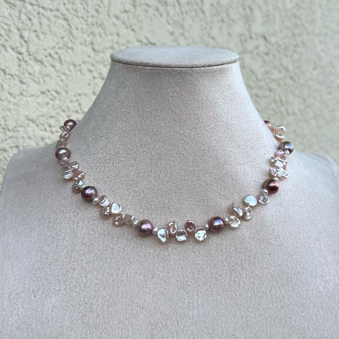 ネックレス　バロックパール　花びらケシパール　パープルピンク系パールネックレス